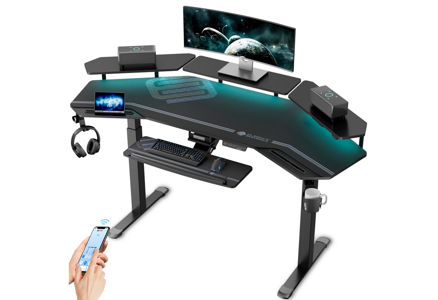 EE EUREKA ERGONOMIC Schreibtisch Elektrischer Großer Ergonomischer Stehschreibtisch, Höhenverstellbarer (1-St., Anti-Kollisions-system, 4 Höhen-Speicherpositionen, mit Tastaturablage), MAX. Load: 100kg, Höhe 75-122 cm Flügelförmiger Gaming-Schreibtisch von EE EUREKA ERGONOMIC