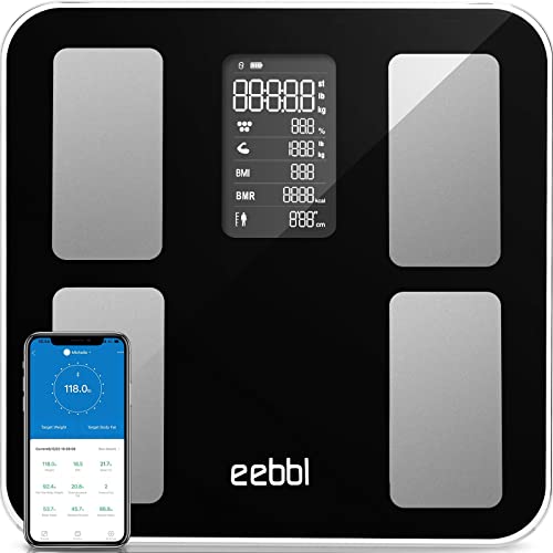 EEBBL Körperfettwaage Digital Personenwaagen Bluetooth Körperanalysewaage mit App Smart Waage für Körperfett, BMI, Muskelmasse, Protein, BMR, Schwarz, 16 Indikatoren von EEBBL