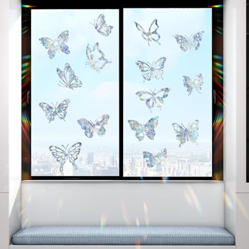 EEEKit Prisma Fensteraufkleber, Suncatcher Sticker Regenbogen Schmetterling 16 Stück, Statik Prisma Glas Aufkleber für Fensterdeko, Sonnenfänger Dekoration und Vogelschlag-Schutz von EEEKit