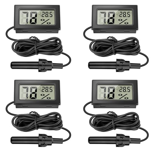 EEEKit 4 Stück Mini LCD Digital Hygrometer Thermometer mit Fühler und 1.5m Kabel, Temperatur-Feuchtigkeitsmesser für Reptilien Inkubator Gewächshaus (℃) von EEEKit