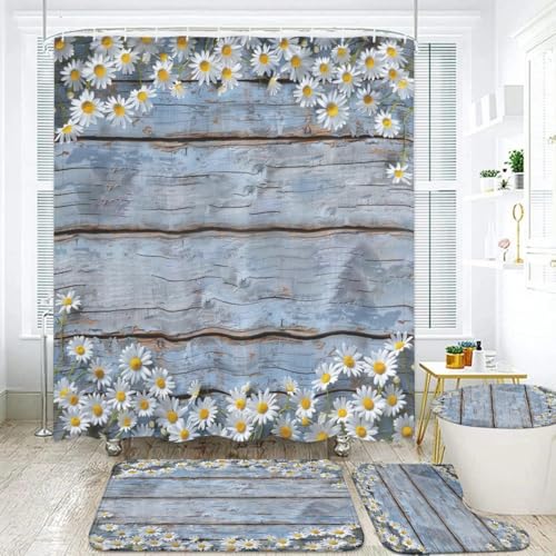 Daisy Floral Badezimmer Set, 4-teilig mit Duschvorhang 71x71, Badematte, Konturteppich, WC-Deckelbezug, rustikales blaues Holzmuster Daisy Floral Badezimmer Set, 4-teilig mit Duschvorhang 71x71, Badematte, Konturteppich, WC-Deckelbezug, rustikales blaues Holzmuster von EENSYWEENSY