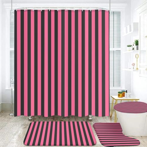 Rosa und Schwarz Streifen Badezimmer Set 4-teilig mit Duschvorhang 71x71 Badematte Konturteppich WC-Deckelbezug Rosa und Schwarz Streifen Badezimmer Set 4-teilig mit Duschvorhang 71x71 Badematte Konturteppich WC-Deckelbezug von EENSYWEENSY