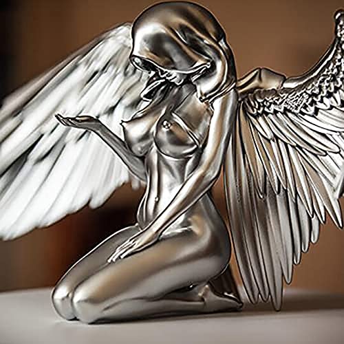 Engel Figur - Kniender Umhang Hut Nackt Sexy Menschlicher Körper Silber Harz, Kunst Weibliche Frau Flügel, 3D Statue Dekor von EEzyzy