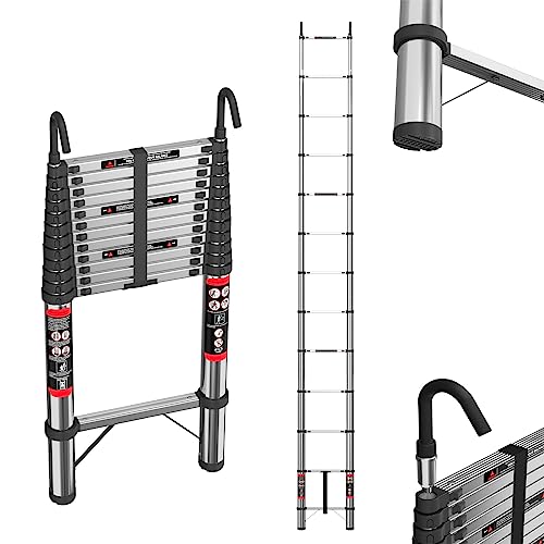 5M/16.4FT Teleskopleiter, Edelstahl Klappleiter Mehrzweck-Dachbodenleiter mit 2 Abnehmbaren Haken, 330lb/150kg Kapazität von EFAN