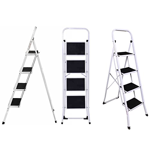 Klapptritt mit 4 Stufen, Trittleiter mit Rutschfesten Gummimatte, Bis 150kg Belastbar, aus Stahl, Faltbar Haushaltsleiter, Küchentrittstufe Leiter von EFAN
