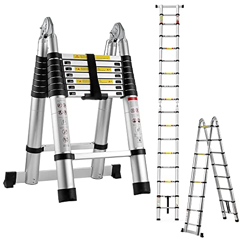 5M Alu Teleskopleiter, Ausziehbare Leiter, Klappleiter Stehleiter Rutschfester, Mehrzweckleiter Zum Glühbirnen Austauschen, Fenster Putzen, Räume Dekorieren, 150 kg Belastbarkeit (2.5+2.5M) von EFANHOME