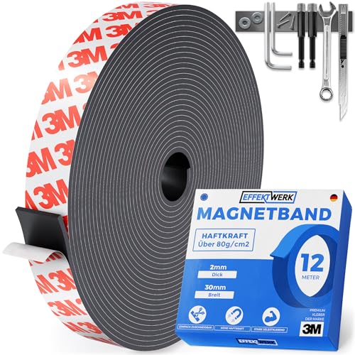 EFFEKTWERK - Magnetbandrolle - 12 Meter - Extra dicke und breite Magnetstreifen mit starker selbstklebender Rückseite - Einfach zu schneiden und auf flache Oberflächen zu kleben von EFFEKTWERK