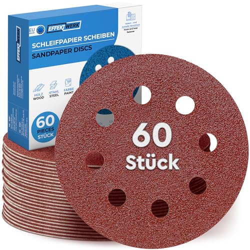 EFFEKTWERK Schleifpapier 125mm Klett - 60 Stück - Profi 125mm Schleifscheiben für Exzenterschleifer - Schleifpapier Klett - 8 Loch - Körnung 10x P40 P60 P80 P120 P180 P240 für Holz Metall & Farbe von EFFEKTWERK