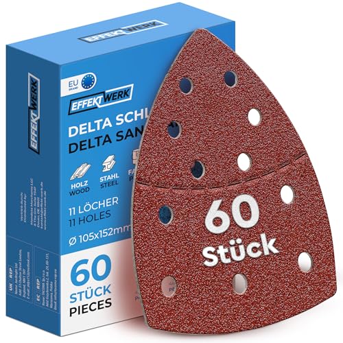 EffektWerk Delta-Schleifpapiere (60er-Pack, 11 Löcher), 105 x 152 mm, dreieckige Schleifpads für Mausschleifer, mehrere Körnungen (40, 60, 80, 120, 180, 240) von EFFEKTWERK