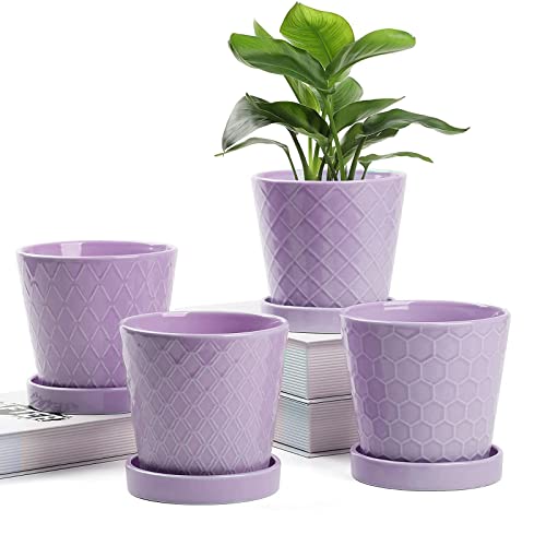 EFISPSS Blumentopf - 12,7 cm Keramik Blumentöpfe mit Ablauflöchern und Keramik Tablett - Gartenarbeit Zuhause Schreibtisch Büro Fensterbank Dekoration Geschenk Set von 4 - Lila von EFISPSS