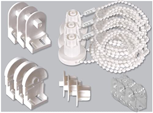 EFIXS 3er Set Montageset/Reparaturset für Rollos mit 25 mm Rollowelle - mit PVC-Träger - incl. Halter/Halterung, Kettenzug, Kettenlänge ca. 120 cm (Umlauf der Rollokette: 240 cm)- Farbe: weiß von EFIXS