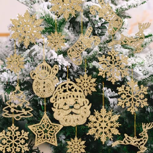Weihnachtsbaum Deko -42 Stück Gold Glitter Schneemann Rentier Weihnachtsmann Schneeflocken Ornamente Glitter Weihnachtsbaumschmuck in 10 Verschiedene Form und mitglieferte sibberne Fäden von EFNHJF5