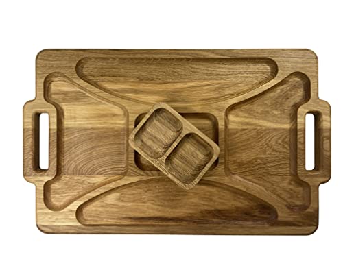 EFO Rechteckige Servierplatte aus Holz mit geteilten Fächern und herausnehmbarer Salsa-Schale - Dekoratives Tapas-Tablett mit Griffen zum Servieren von Vorspeisen, Käse und Snacks - 48 x 29 cm von EFO