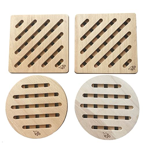 EFO Holzpads für Kochtöpfe Set 4-teilig | Topfunterlage aus Buchenholz | Holzunterlage für heißen Topf – Schutz für Tisch und Arbeitsplatte | Runde und quadratische Untersetzer Holz 20x20 cm von EFO