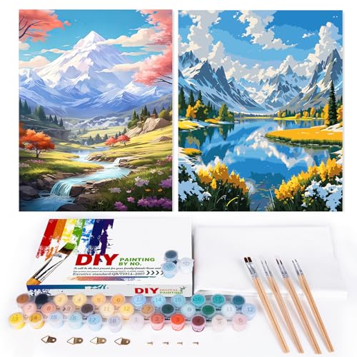 EFOTIML Malen-nach-Zahlen-Set für Erwachsene, Anf?nger und Kinder im Alter von 8–12 Jahren, 40,6 x 50,8 cm, Leinwand für Malsets für Erwachsene, in bunter Box (ohne Rahmen), Schneeberg und See (2 von EFOTIML