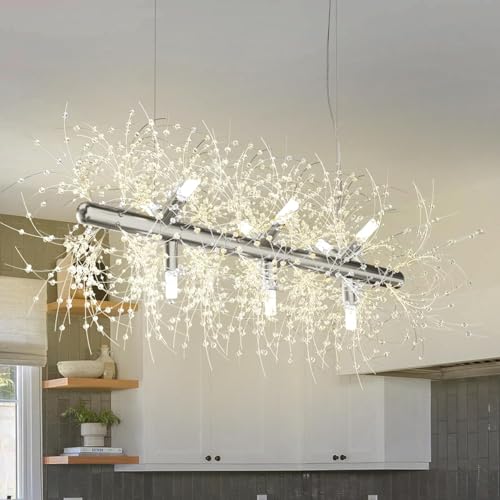 EFPD Moderner Kronleuchter Feuerwerk, Kristall Kronleuchter Löwenzahn Edelstahl Hängeleuchte für Küche Esszimmer Schlafzimmer 72 cm lang von EFPD