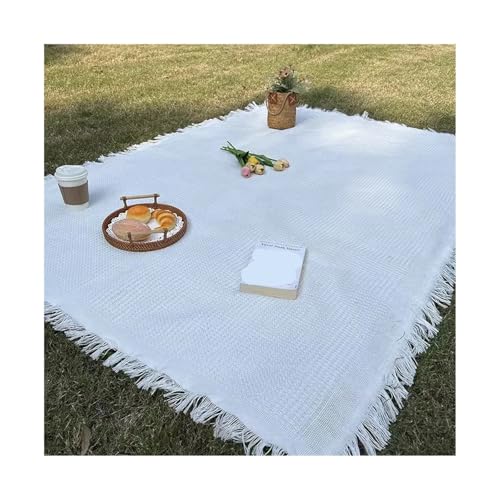 Picknickdecke Picknickdecke mit Quaste, Campingmatte, Rasenunterlage for Reisen im Freien, tragbare Stricktischdecke, Nickerchen, Tagesdecke FüR BBQ, Picknick, Wandern, Reisen(White,180x230cm) von EFRJUWI