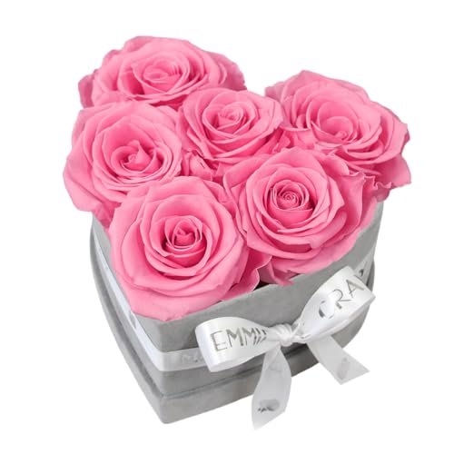 EG EMMIE GRAY Classic Infinity Rosenbox | Herz | Grau - Größe S mit 7 ± 1 Infinity Rosen, bis zu 3 Jahre haltbar, Flowerbox aus Samt mit konservierten Rosen, Blumenbox (Baby Pink) von EG EMMIE GRAY