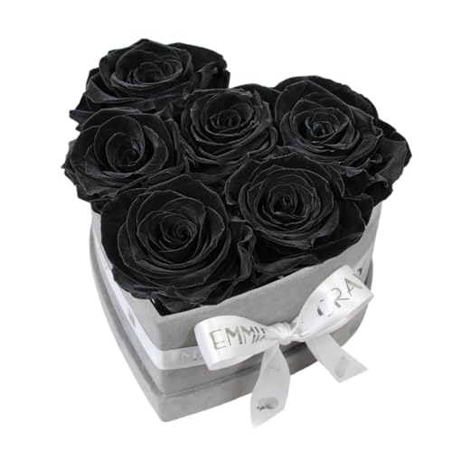 EG EMMIE GRAY Classic Infinity Rosenbox | Herz | Grau - Größe S mit 7 ± 1 Infinity Rosen, bis zu 3 Jahre haltbar, Flowerbox aus Samt mit konservierten Rosen, Blumenbox (Black Beauty) von EG EMMIE GRAY