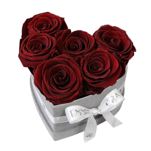 EG EMMIE GRAY Classic Infinity Rosenbox | Herz | Grau - Größe S mit 7 ± 1 Infinity Rosen, bis zu 3 Jahre haltbar, Flowerbox aus Samt mit konservierten Rosen, Blumenbox (Burgundy) von EG EMMIE GRAY