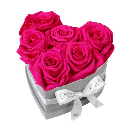 EG EMMIE GRAY Classic Infinity Rosenbox | Herz | Grau - Größe S mit 7 ± 1 Infinity Rosen, bis zu 3 Jahre haltbar, Flowerbox aus Samt mit konservierten Rosen, Blumenbox (Hot Pink) von EG EMMIE GRAY