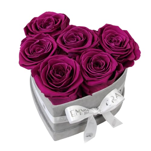 EG EMMIE GRAY Classic Infinity Rosenbox | Herz | Grau - Größe S mit 7 ± 1 Infinity Rosen, bis zu 3 Jahre haltbar, Flowerbox aus Samt mit konservierten Rosen, Blumenbox (Velvet Plum) von EG EMMIE GRAY