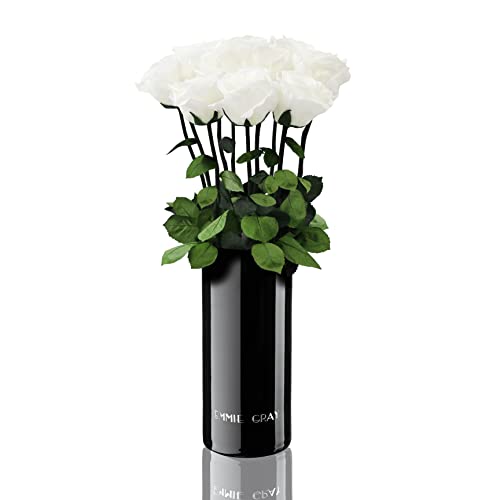 EG EMMIE GRAY Classic Vase Set | Long Stem Infinity Rosen inklusive schwarzer Glasvase - Luxuriöser Rosenstrauß aus echten Premiumrosen, 1-3 Jahre haltbare Rosen, (Pure White, 10 Rosen) von EG EMMIE GRAY