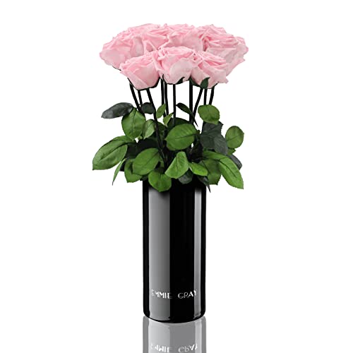 EG EMMIE GRAY Classic Vase Set | Long Stem Infinity Rosen inklusive schwarzer Glasvase - Luxuriöser Rosenstrauß aus echten Premiumrosen, die 1-3 Jahre halten, haltbare Rosen, (Bridal Pink, 10 Rosen) von EG EMMIE GRAY