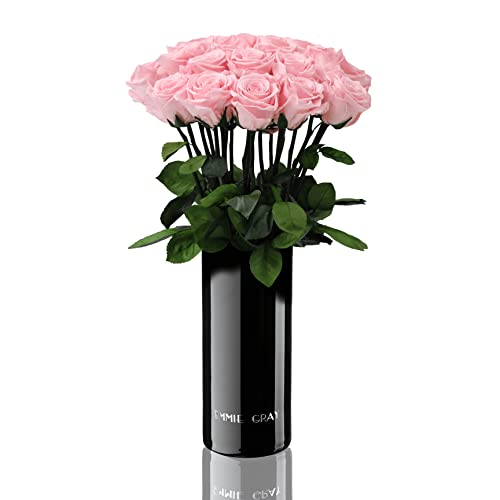 EG EMMIE GRAY Classic Vase Set | Long Stem Infinity Rosen inklusive schwarzer Glasvase - Luxuriöser Rosenstrauß aus echten Premiumrosen, die 1-3 Jahre halten, haltbare Rosen, (Bridal Pink, 15 Rosen) von EG EMMIE GRAY