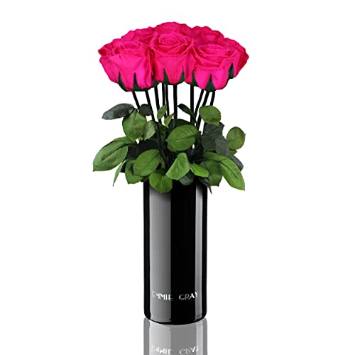 EG EMMIE GRAY Classic Vase Set | Long Stem Infinity Rosen inklusive schwarzer Glasvase - Luxuriöser Rosenstrauß aus echten Premiumrosen, die 1-3 Jahre halten, haltbare Rosen, (Hot Pink, 10 Rosen) von EG EMMIE GRAY