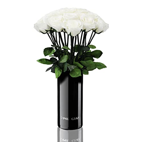 EG EMMIE GRAY Classic Vase Set | Long Stem Infinity Rosen inklusive schwarzer Glasvase - Luxuriöser Rosenstrauß aus echten Premiumrosen,1-3 Jahre haltbare Rosen, (Pure White, 15 Rosen) von EG EMMIE GRAY