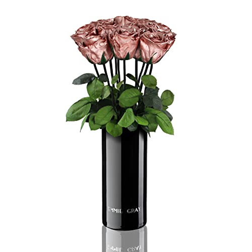 EG EMMIE GRAY Classic Vase Set | Long Stem Infinity Rosen inklusive schwarzer Glasvase - Luxuriöser Rosenstrauß aus echten Premiumrosen, die 1-3 Jahre halten, haltbare Rosen, (Rosegold, 10 Rosen) von EG EMMIE GRAY