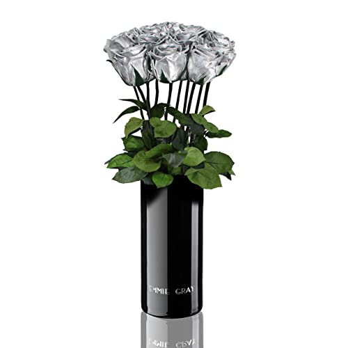 EG EMMIE GRAY Classic Vase Set | Long Stem Infinity Rosen inklusive schwarzer Glasvase - Luxuriöser Rosenstrauß aus echten Premiumrosen, die 1-3 Jahre halten, haltbare Rosen, (Silver, 10 Rosen) von EG EMMIE GRAY