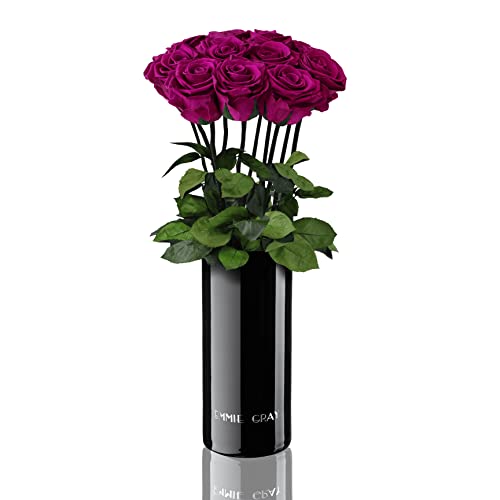 EG EMMIE GRAY Classic Vase Set | 10 | Long Stem Infinity Rosen inklusive schwarzer Glasvase - Luxuriöser Rosenstrauß aus echten Premiumrosen, 1-3 Jahre haltbar (Velvet Plum, 10 Rosen) von EG EMMIE GRAY