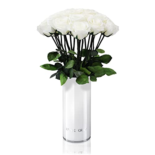 EG EMMIE GRAY Classic Vase Set | Long Stem Infinity Rosen inklusive weißer Glasvase - Luxuriöser Rosenstrauß aus echten Premiumrosen, die 1-3 Jahre halten, haltbare Rosen, (Pure White, 15 Rosen) von EG EMMIE GRAY