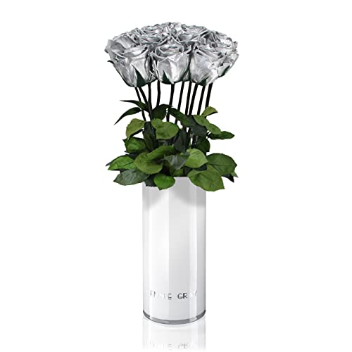 EG EMMIE GRAY Classic Vase Set | Long Stem Infinity Rosen inklusive weißer Glasvase - Luxuriöser Rosenstrauß aus echten Premiumrosen, die 1-3 Jahre halten, haltbare Rosen, (Silver, 10 Rosen) von EG EMMIE GRAY