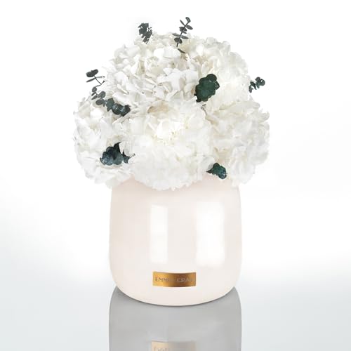 EG EMMIE GRAY Premium Metallic Signature Hydrangea Infinity L | – Traumhafte Hortensien, 1-3 Jahre haltbar, weiße Matallic-Vase mit echten, konservierten Hortensien (Pure White) von EG EMMIE GRAY