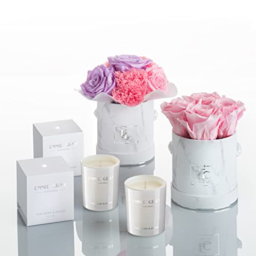 EG EMMIE GRAY You & ME Set – 2 Rosenboxen inkl. 2 Duftkerzen, Infinity Rosen in Bridal Pink und Baby Lilli, Flowerbox in Marmor Silber (XS) von EG EMMIE GRAY