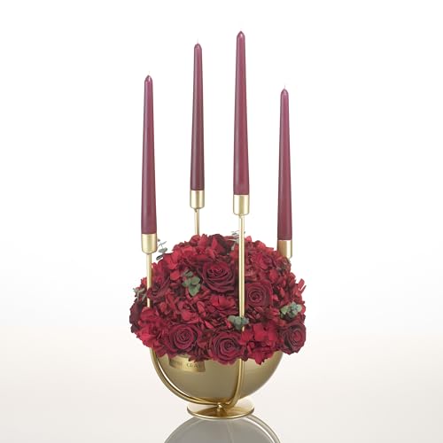 EMMIE GRAY CANDLE INFINITY BOWL | BURGUNDY | L - Infinity Blumen in hochwertiger Eisenschale in goldener Veredelung umgeben von vier Kerzenhaltern samt Stabkerzen - Moderner Adventskranz (Burgundy) von EG EMMIE GRAY