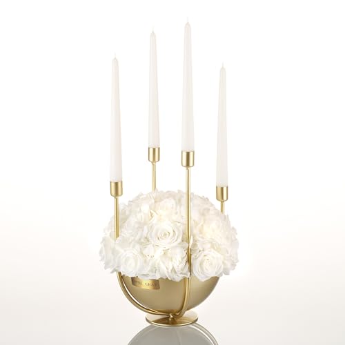 EMMIE GRAY CANDLE INFINITY BOWL | PURE WHITE | L - Infinity Blumen in hochwertiger Eisenschale in goldener Veredelung, vier Kerzenhalter samt Stabkerzen - Moderner Adventskranz (Pure White) von EG EMMIE GRAY