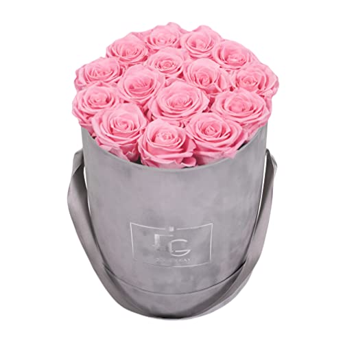 EMMIE GRAY CLASSIC INFINITY ROSENBOX | VELVET GRAY | Runde Flowerbox - Infinity Rosen in grauer Samtbox - 1-3 Jahre Haltbarkeit - Echte Rosen, die jahrelang blühen - Haltbare Rosen (M, Bridal Pink) von EG EMMIE GRAY