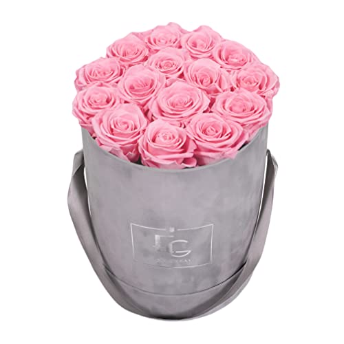 Emmie Gray Classic Infinity ROSENBOX | Velvet Gray | Runde Flowerbox - Infinity Rosen in Grauer Samtbox - 1-3 Jahre Haltbarkeit - Echte Rosen, die jahrelang blühen - Haltbare Rosen (M, Bridal Pink) von EG EMMIE GRAY