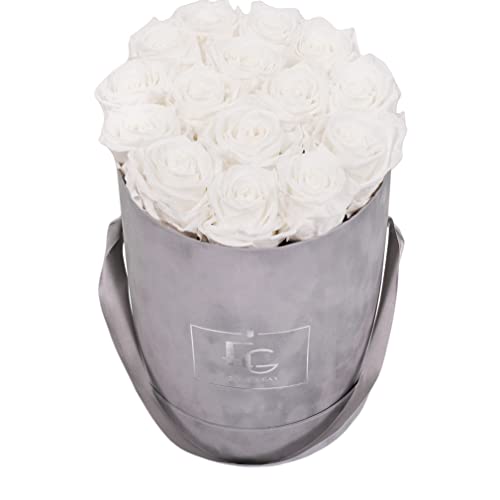 Emmie Gray Classic Infinity ROSENBOX | Velvet Gray | Runde Flowerbox - Infinity Rosen in Grauer Samtbox - 1-3 Jahre Haltbarkeit - Echte Rosen, die jahrelang blühen - Haltbare Rosen (M, Pure White) von EG EMMIE GRAY