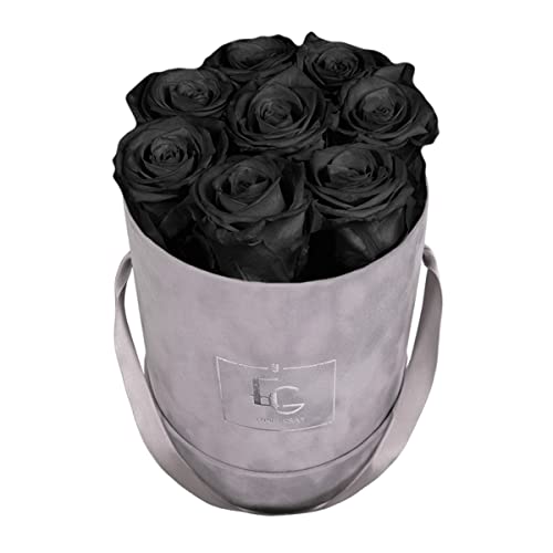 Emmie Gray Classic Infinity ROSENBOX | Velvet Gray | Runde Flowerbox - Infinity Rosen in Grauer Samtbox - 1-3 Jahre Haltbarkeit - Echte Rosen, die jahrelang blühen - Haltbare Rosen (S, Black Beauty) von EG EMMIE GRAY