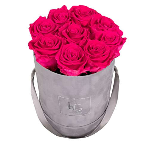 Emmie Gray Classic Infinity ROSENBOX | Velvet Gray | Runde Flowerbox - Infinity Rosen in Grauer Samtbox - 1-3 Jahre Haltbarkeit - Echte Rosen, die jahrelang blühen - Haltbare Rosen (S, Hot Pink) von EG EMMIE GRAY