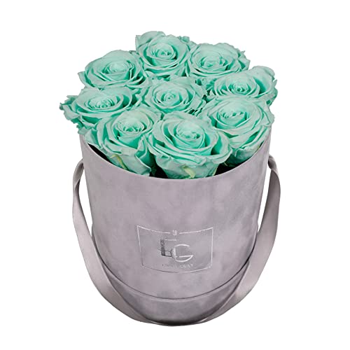 EMMIE GRAY CLASSIC INFINITY ROSENBOX | VELVET GRAY | Runde Flowerbox - Infinity Rosen in grauer Samtbox - 1-3 Jahre Haltbarkeit - Echte Rosen, die jahrelang blühen - Haltbare Rosen (S, Minty Green) von EG EMMIE GRAY