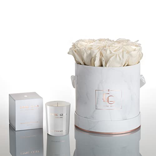 ROSE GOLD GLAM SET - Infinity Rosen in Pure White in Marmor Rosegold Rosenbox, Flowerbox Größe S mit Duftkerze, Das perfekte Geschenk, 1-3 Jahre haltbare Rosen von EG EMMIE GRAY
