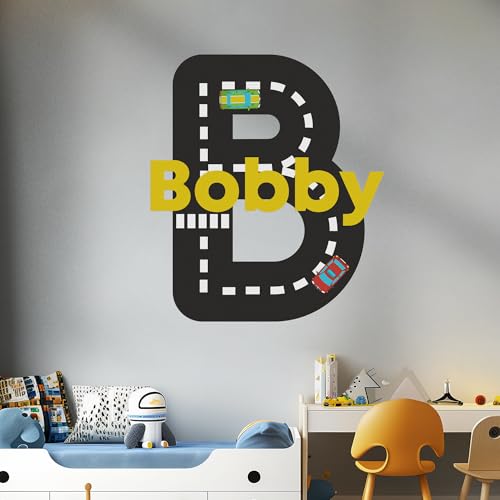 EGD Individuelle Aufkleber Name und Initiale für Rennwagen-Wandaufkleber, Kinderzimmer-Dekor, individueller Aufkleber für Jungenzimmer, Auto-Dekorationen, Größenoptionen (D. Raceway) von EGD