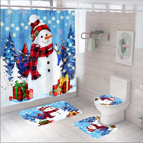 EGEIRA Weihnachts-duschvorhänge, 4-teiliges Set, Frohe Weihnachten-duschvorhang-Sets, Weihnachts-duschvorhänge Mit Matte, Badezimmer, Wasserdicht, 180 cm Duschvorhang(Color:款式-2) von EGEIRA