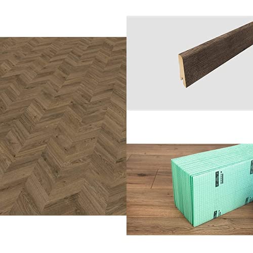 EGGER Home Laminatboden EHL066 Weinburg Eiche braun (8mm, 25,35m²) mit passender 6cm Sockelleiste und Unterlagsmatte für Trittschalldämmung von EGGER